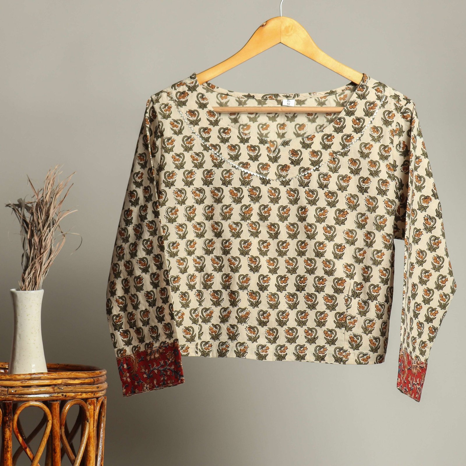 Handmade Block Print Cotton for Women ? Ethnic Floral Printed Top with Long Sleeves