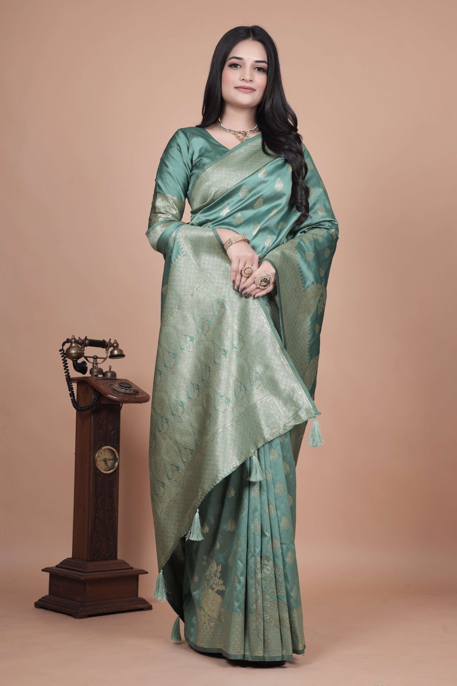 Mint Green Banarasi Silk Saree with Golden Zari & Peacock Design | Wedding, Festive & Traditional Wear | Designer Saree - Image 2